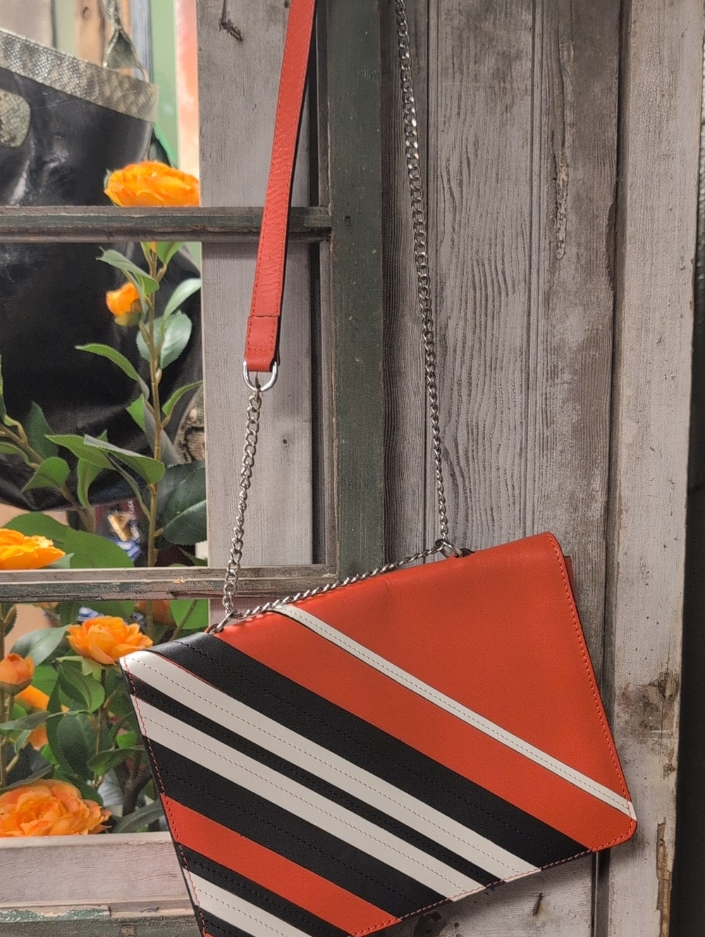Topshop Orange, Black & White Striped Chain Crossbody Bag